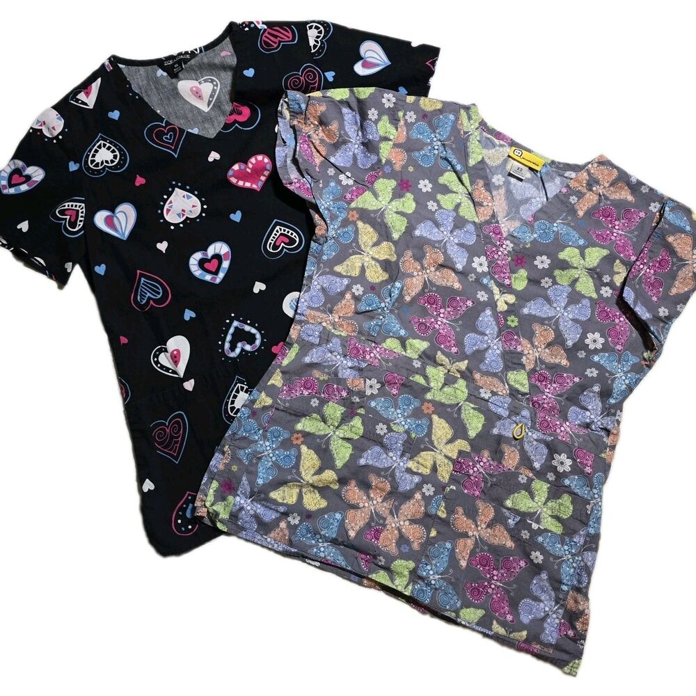 Scrub Top Bundle Lot of 2 Women’s Size XS Heart Butterfy Print Nurse Medical